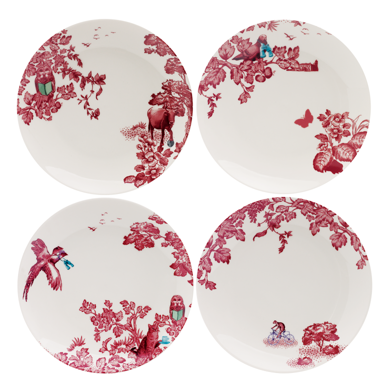 LOVERAMICS A CURIOUS TOILE SET OF 4 X 21CM assorted salad plate - RED